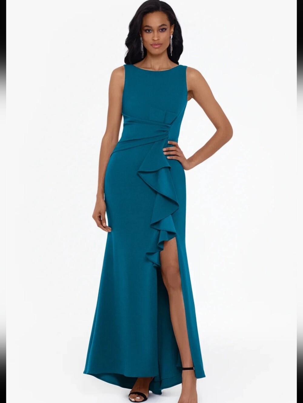 B&A by Betsy & Adam Size 14 Teal Blue Ruffle Draped Formal Maxi Gown $239 Luxury